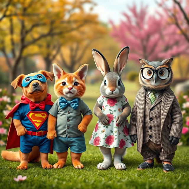 A collection of adorable animals dressed in various outfits, showcasing a range of colorful and unique clothing styles