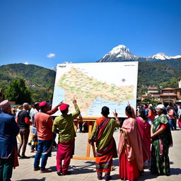 A vibrant scene depicting a detailed map of Nepal set on a large easel in a public square