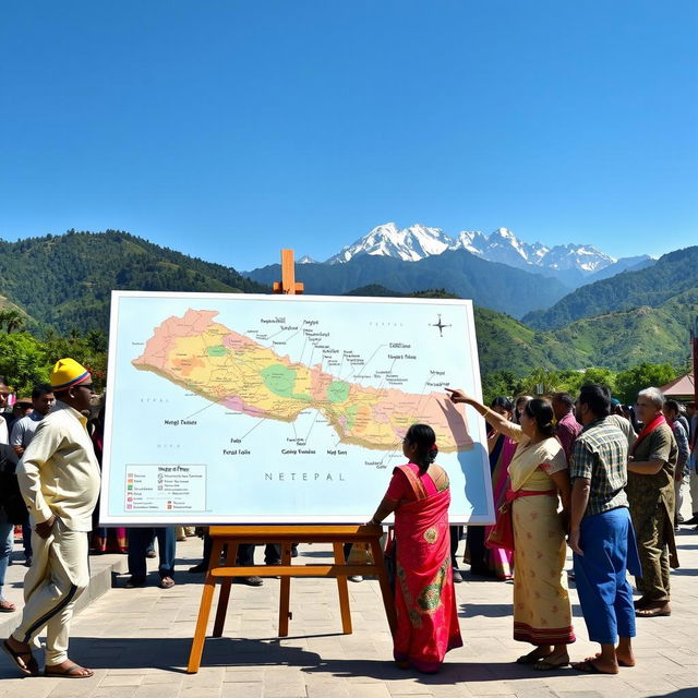 A vibrant scene depicting a detailed map of Nepal set on a large easel in a public square