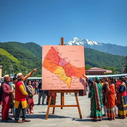A vibrant scene depicting a detailed map of Nepal set on a large easel in a public square