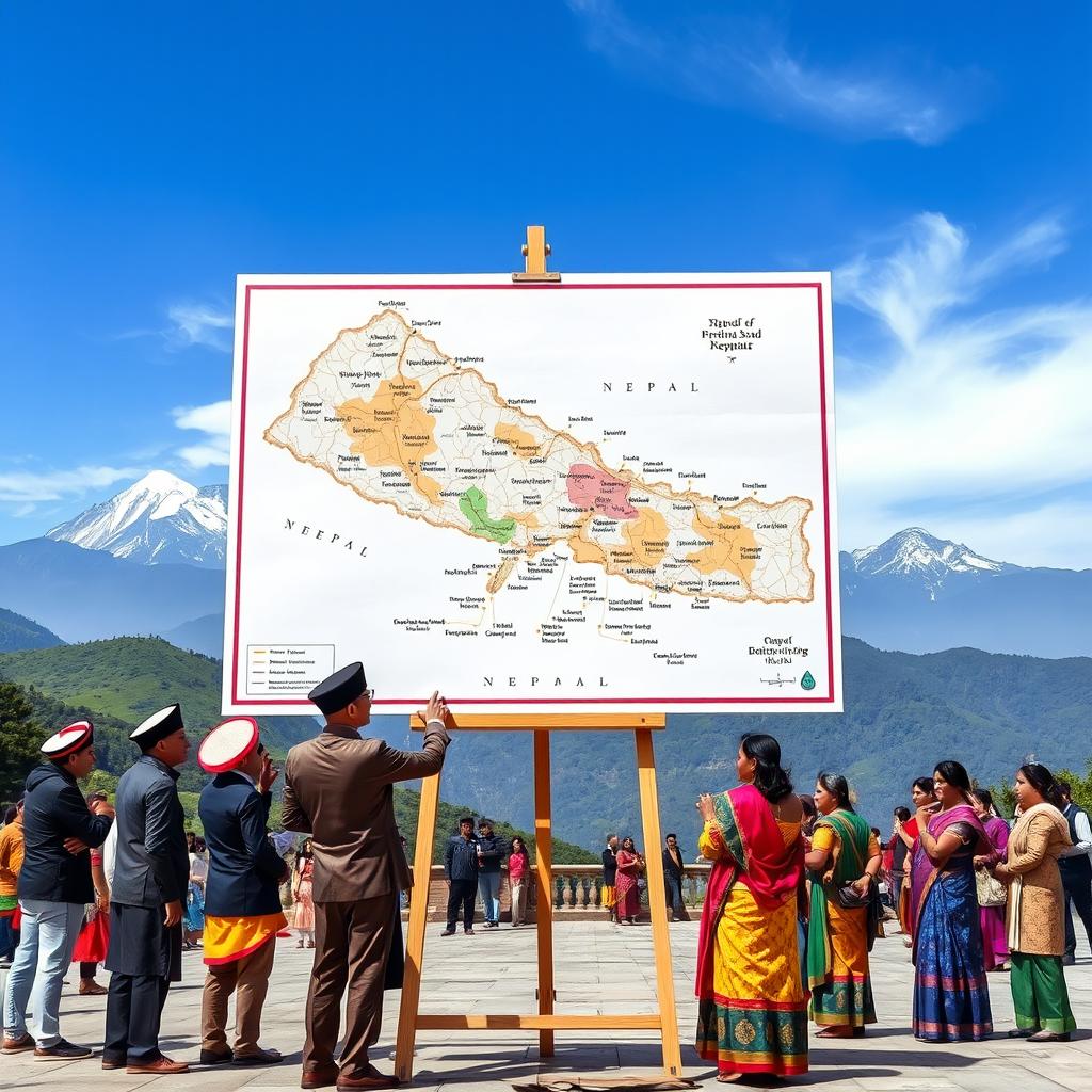 A vibrant scene depicting a detailed map of Nepal set on a large easel in a public square