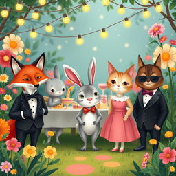 A whimsical scene featuring various animals dressed in elegant formal attire, such as a dapper fox in a tuxedo, a classy rabbit in a bow tie, and a stylish cat in a chic dress