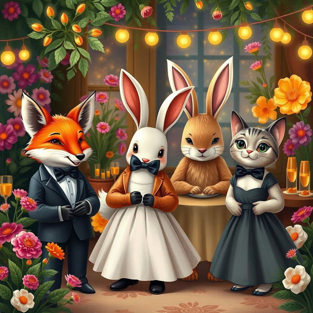 A whimsical scene featuring various animals dressed in elegant formal attire, such as a dapper fox in a tuxedo, a classy rabbit in a bow tie, and a stylish cat in a chic dress