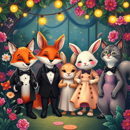 A whimsical scene featuring various animals dressed in elegant formal attire, such as a dapper fox in a tuxedo, a classy rabbit in a bow tie, and a stylish cat in a chic dress