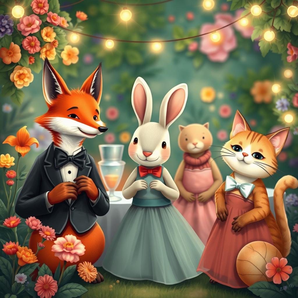 A whimsical scene featuring various animals dressed in elegant formal attire, such as a dapper fox in a tuxedo, a classy rabbit in a bow tie, and a stylish cat in a chic dress