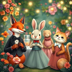 A whimsical scene featuring various animals dressed in elegant formal attire, such as a dapper fox in a tuxedo, a classy rabbit in a bow tie, and a stylish cat in a chic dress