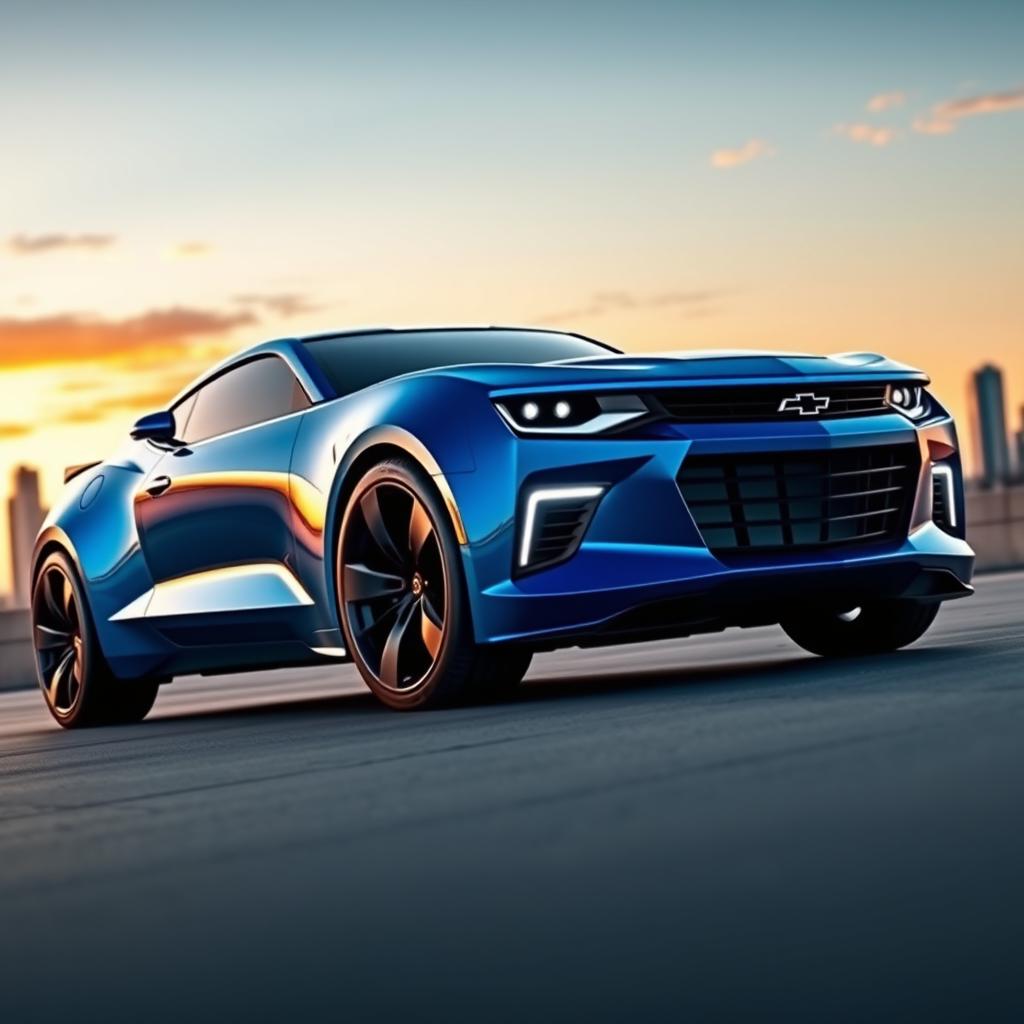 A futuristic concept design of a 2026 Chevrolet Camaro, showcasing sleek and aggressive lines, a streamlined aerodynamic body, and advanced technology