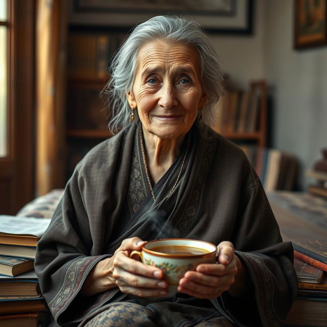 A wise, elderly woman with silver hair sitting gracefully, dressed in a traditional garment with intricate patterns