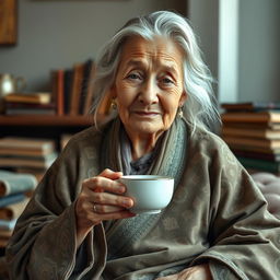 A wise, elderly woman with silver hair sitting gracefully, dressed in a traditional garment with intricate patterns