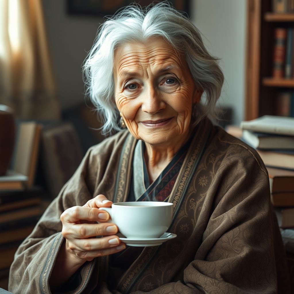 A wise, elderly woman with silver hair sitting gracefully, dressed in a traditional garment with intricate patterns