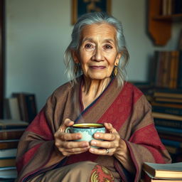 A wise, elderly woman with silver hair sitting gracefully, dressed in a traditional garment with intricate patterns