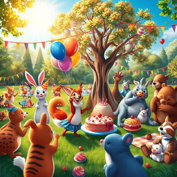 A vibrant animal party scene in a lush outdoor setting