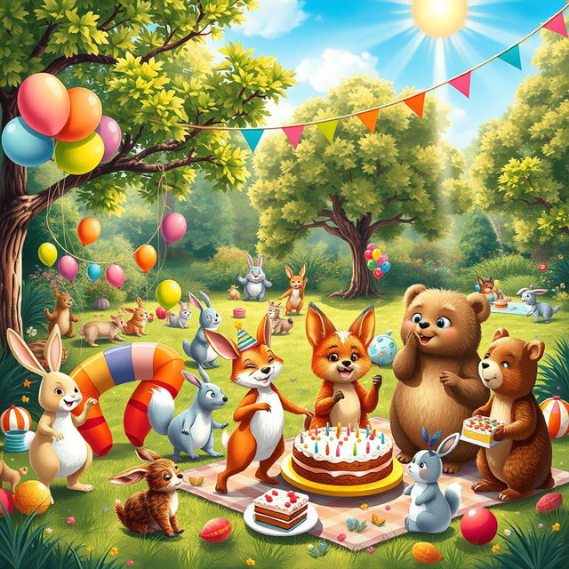 A vibrant animal party scene in a lush outdoor setting