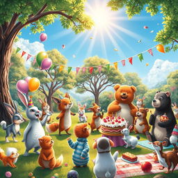 A vibrant animal party scene in a lush outdoor setting