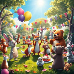 A vibrant animal party scene in a lush outdoor setting