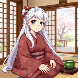 An anime-style illustration of an elderly woman with long, flowing silver hair and large, expressive eyes