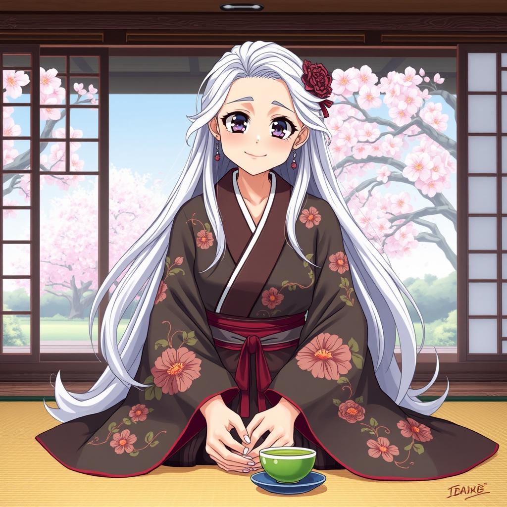 An anime-style illustration of an elderly woman with long, flowing silver hair and large, expressive eyes