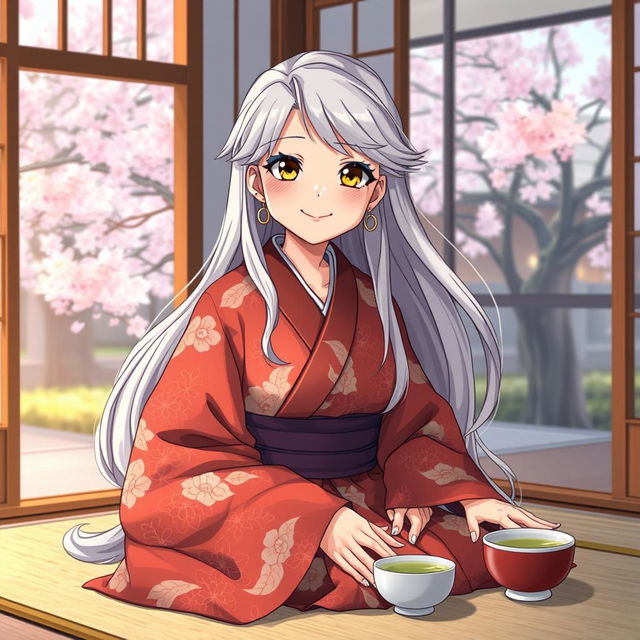 An anime-style illustration of an elderly woman with long, flowing silver hair and large, expressive eyes