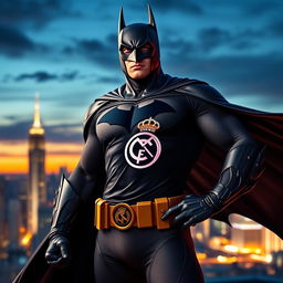 A heroic Batman standing strong in an iconic Real Madrid t-shirt, showcasing a unique blend of superhero strength and sports fandom