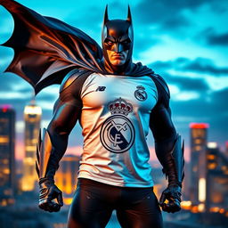 A heroic Batman standing strong in an iconic Real Madrid t-shirt, showcasing a unique blend of superhero strength and sports fandom