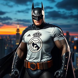 A heroic Batman standing strong in an iconic Real Madrid t-shirt, showcasing a unique blend of superhero strength and sports fandom