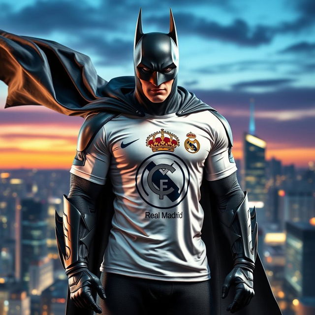 A heroic Batman standing strong in an iconic Real Madrid t-shirt, showcasing a unique blend of superhero strength and sports fandom