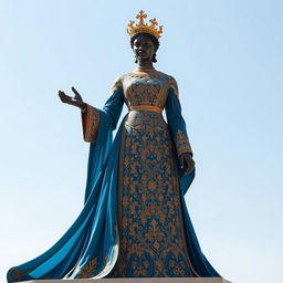 A stunning dress design inspired by the statue of Shah Isfahan, featuring intricate patterns and rich colors reminiscent of Persian art and architecture