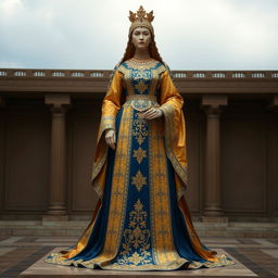 A stunning dress design inspired by the statue of Shah Isfahan, featuring intricate patterns and rich colors reminiscent of Persian art and architecture