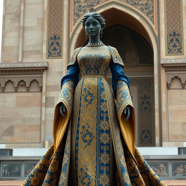 A stunning dress design inspired by the statue of Shah Isfahan, featuring intricate patterns and rich colors reminiscent of Persian art and architecture