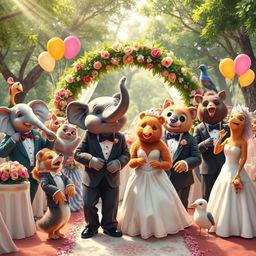 A whimsical wedding scene where all the animals are dressed in formal attire