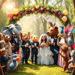 A whimsical wedding scene where all the animals are dressed in formal attire
