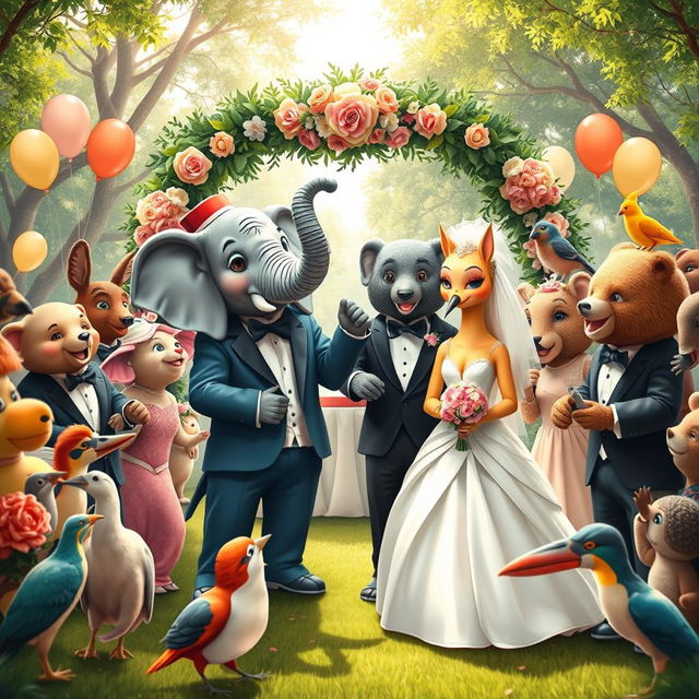 A whimsical wedding scene where all the animals are dressed in formal attire