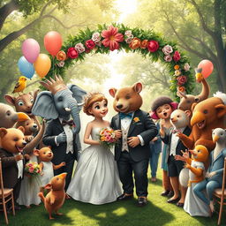 A whimsical wedding scene where all the animals are dressed in formal attire
