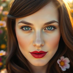 A close-up portrait of a woman with flawless skin, bright blue eyes, and an elegant red lip color