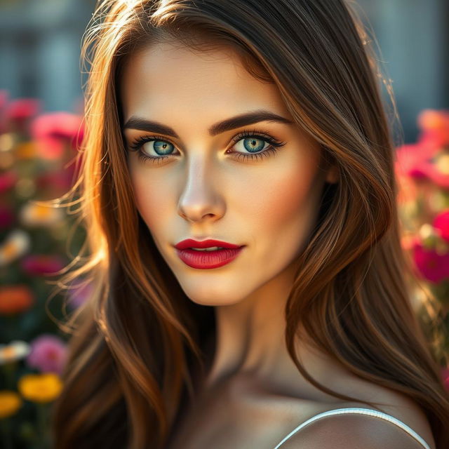 A close-up portrait of a woman with flawless skin, bright blue eyes, and an elegant red lip color