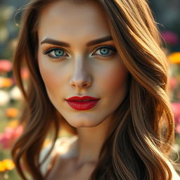 A close-up portrait of a woman with flawless skin, bright blue eyes, and an elegant red lip color