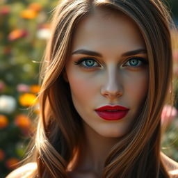 A close-up portrait of a woman with flawless skin, bright blue eyes, and an elegant red lip color