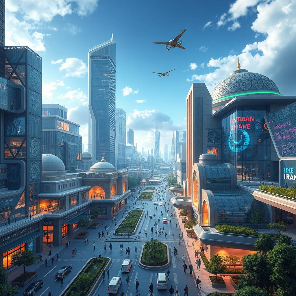 A futuristic vision of Iran 100 years from now, portraying a vibrant metropolis infused with advanced technology and traditional Persian architecture