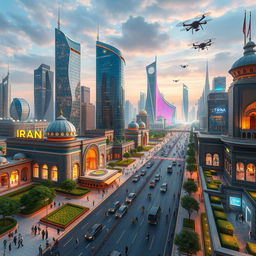 A futuristic vision of Iran 100 years from now, portraying a vibrant metropolis infused with advanced technology and traditional Persian architecture