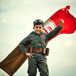 A young boy dressed in military-style clothing, standing confidently with an Iranian flag waving behind him, showcasing vibrant colors and detailed patterns of the flag