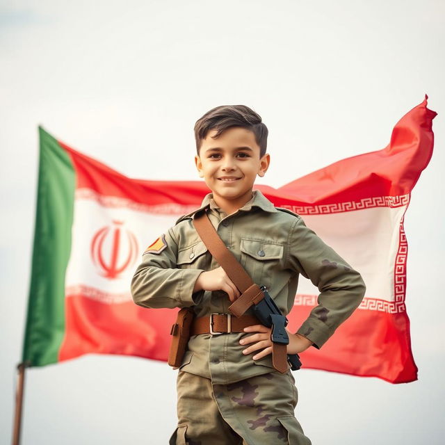 A young boy dressed in military-style clothing, standing confidently with an Iranian flag waving behind him, showcasing vibrant colors and detailed patterns of the flag