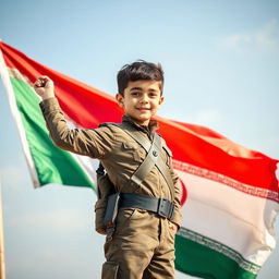 A young boy dressed in military-style clothing, standing confidently with an Iranian flag waving behind him, showcasing vibrant colors and detailed patterns of the flag