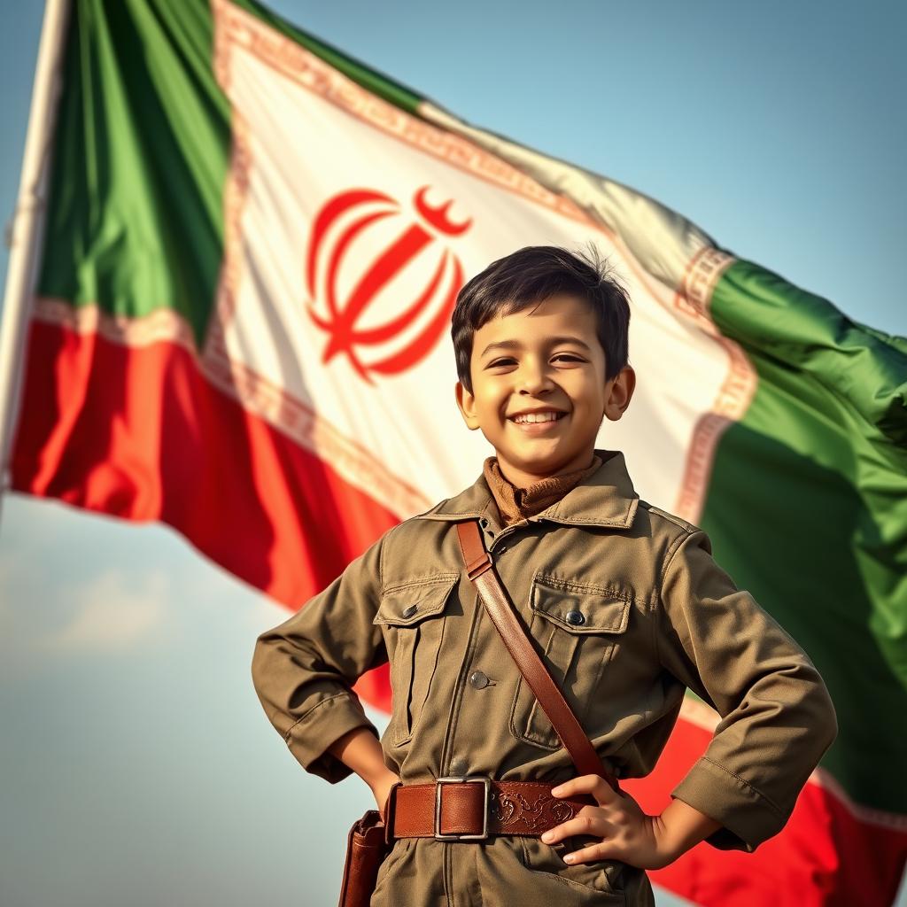 A young boy dressed in military-style clothing, standing confidently with an Iranian flag waving behind him, showcasing vibrant colors and detailed patterns of the flag