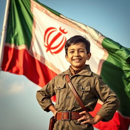 A young boy dressed in military-style clothing, standing confidently with an Iranian flag waving behind him, showcasing vibrant colors and detailed patterns of the flag