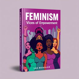 A book cover design focusing on feminism, featuring strong, empowered women of diverse ethnicities standing together in solidarity