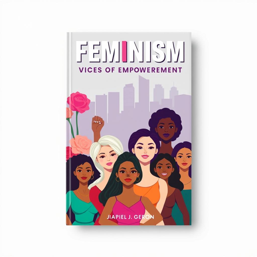 A book cover design focusing on feminism, featuring strong, empowered women of diverse ethnicities standing together in solidarity