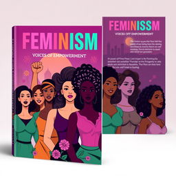 A book cover design focusing on feminism, featuring strong, empowered women of diverse ethnicities standing together in solidarity