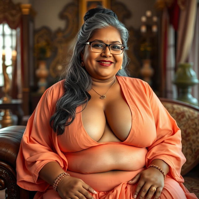 A voluptuous and buxom 60-year-old plus-size Indian woman with long grey hair styled in a bun, wearing glasses