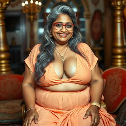 A voluptuous and buxom 60-year-old plus-size Indian woman with long grey hair styled in a bun, wearing glasses