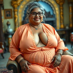A voluptuous and buxom 60-year-old plus-size Indian woman with long grey hair styled in a bun, wearing glasses